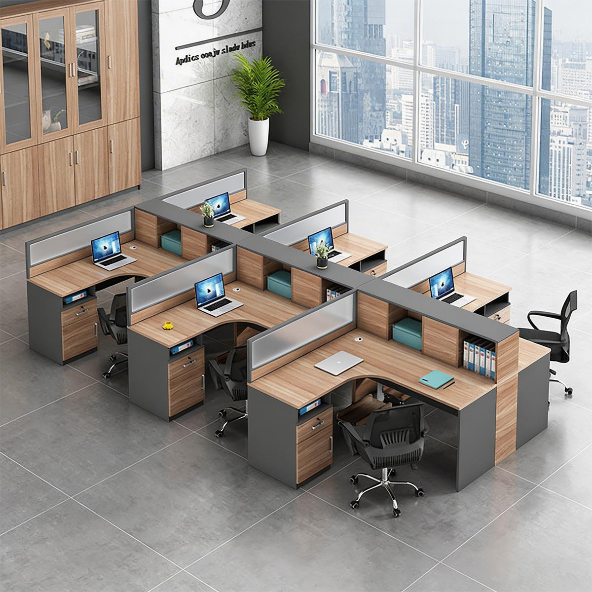 Modern L-Shaped Employee Office Desk with Partition and Storage Cabinet
