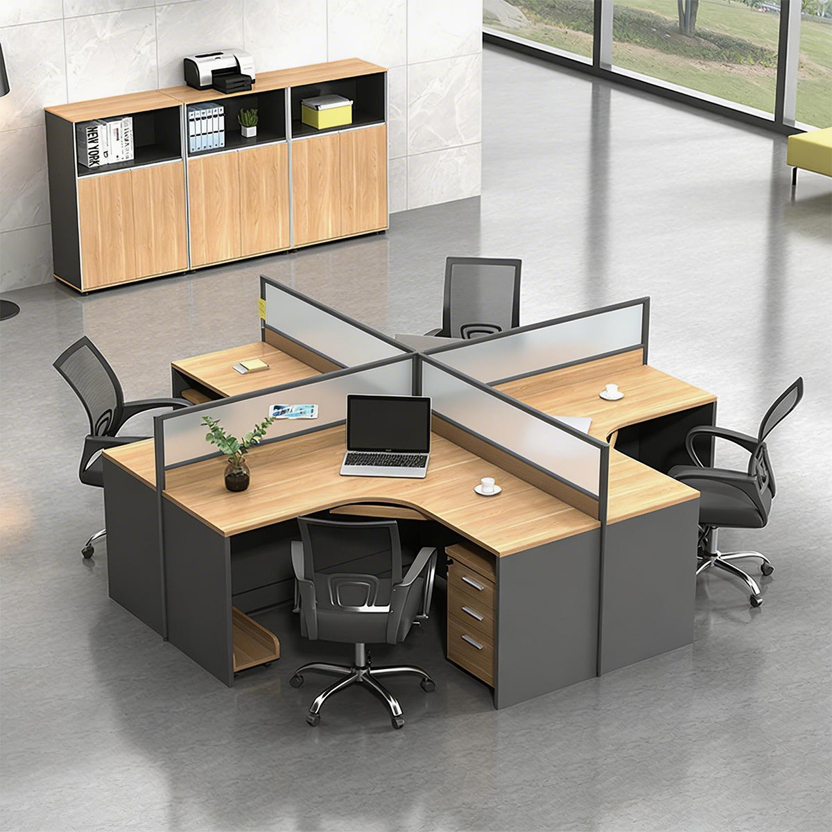 Wood Grain & Gray L-Shaped Desk with Partition Panel for Office Spaces ...