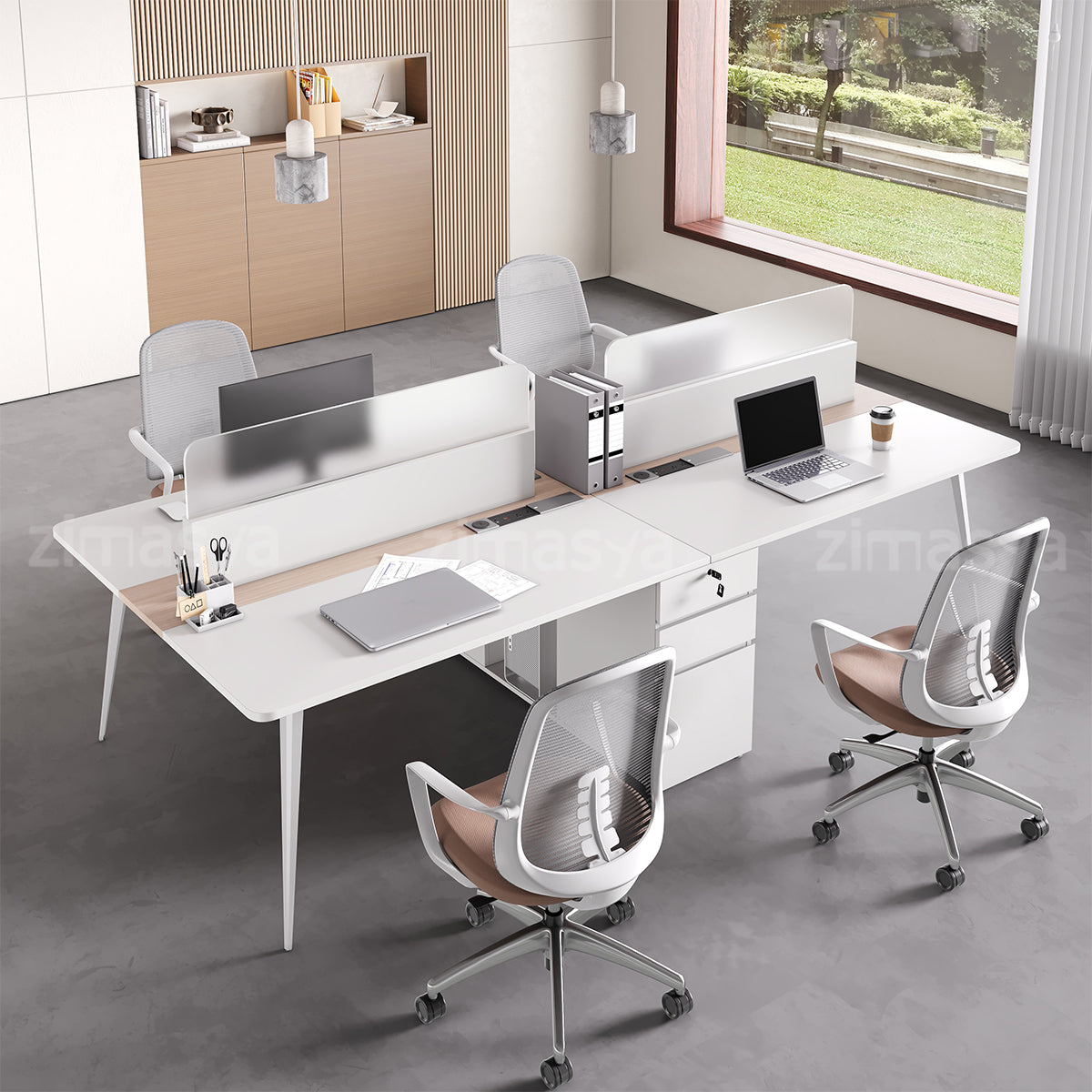 Minimalist 120" L 4-person Office Workstation Desk with Multifunctional Cable Box, Privacy Panels, Wood Grain Legs & Central Storage Cabinet for Collaborative Workspaces