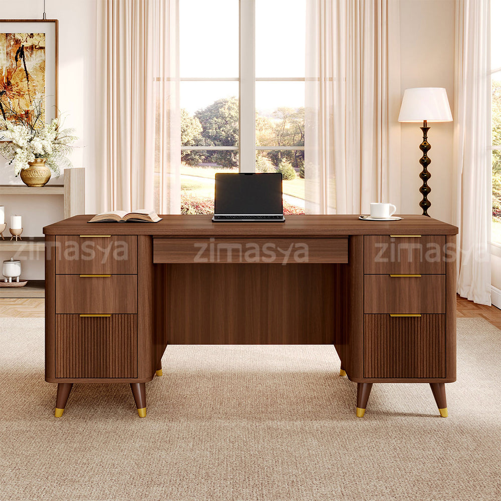 Modern 65" L Office Desk with Rounded Corners, Privacy Front Panel, Elevated Legs & Multi-drawer Storage for Professional Workspaces（Stock Items）