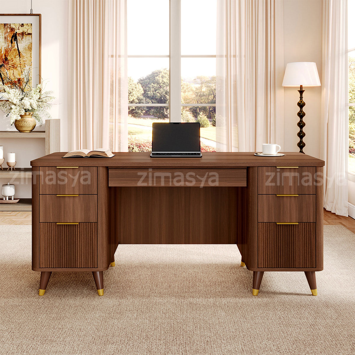Modern 65" L Office Desk with Rounded Corners, Privacy Front Panel, Elevated Legs & Multi-drawer Storage for Professional Workspaces