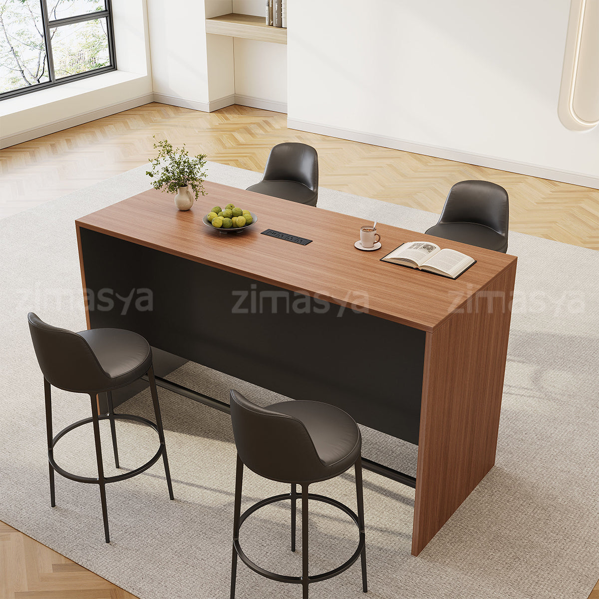 Contemporary 71" L Bar Height Table with Smart Charging Cable Box, Reinforced Front Panel for Office Break Rooms, Lounge Areas, Home Bars & Cafes