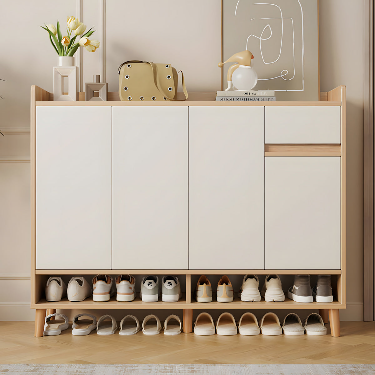 Shoe Storage Cabinet 35–39 in Tall with Solid Wood, Push-to-Open & Adjustable Shelves