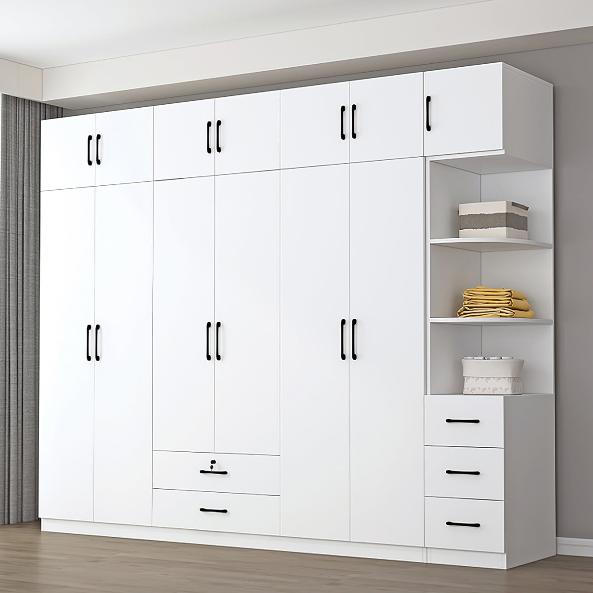 Minimalist Solid Wood White Wardrobe with Interior Shelves for Bedroom Storage Closet