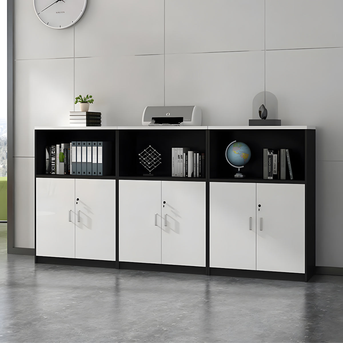 Minimalist Low Storage File Cabinet with Locking Doors for Office or Study Room