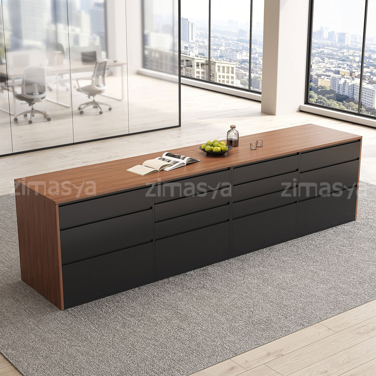 Elegant 142" L Large Storage Cabinet with Rear Pull-out Storage Compartments & Bottom Storage Cabinets for Kitchen, Dining Areas, Office & Bar Spaces