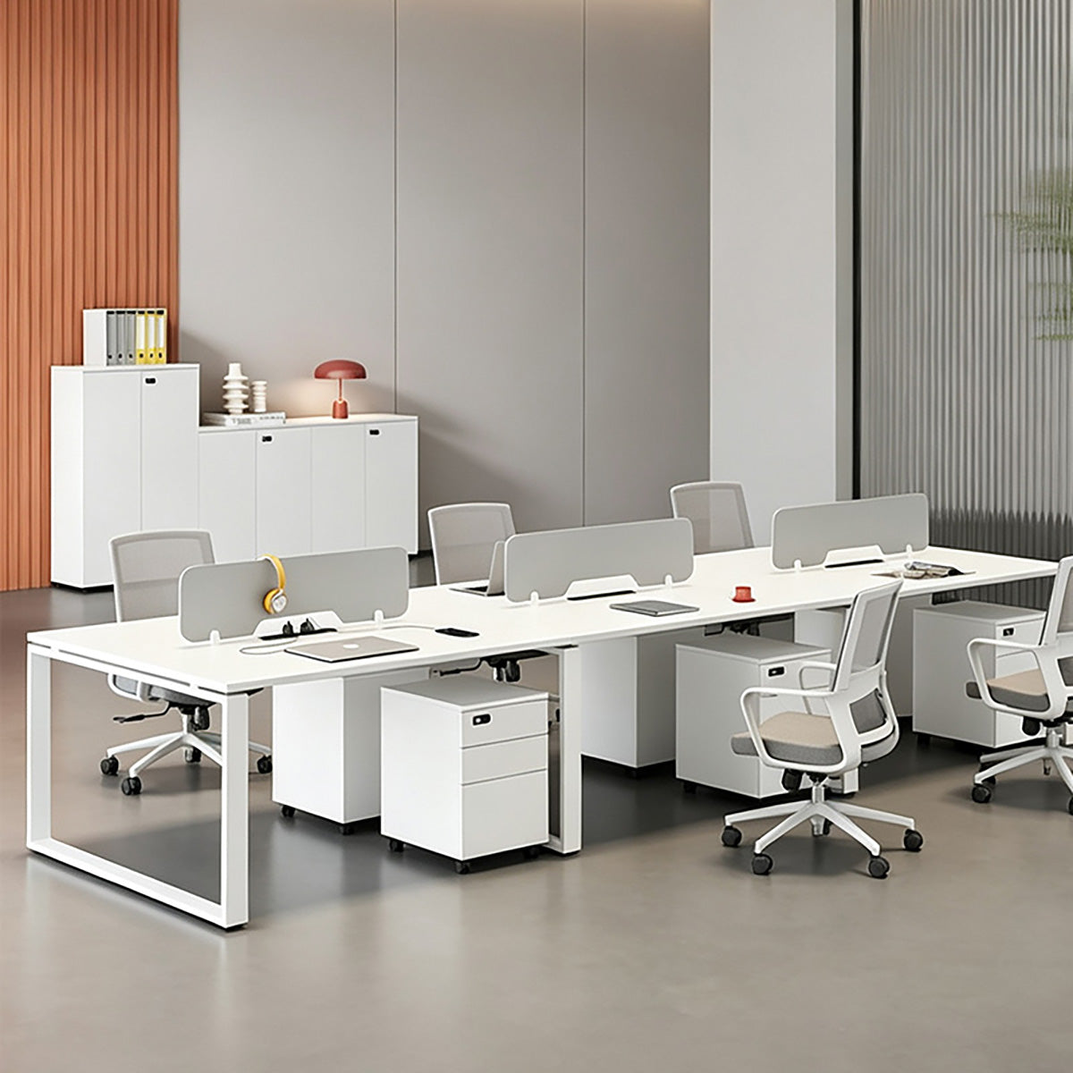 Contemporary 4–6 Person Office Workstation Desk with Privacy Panels, Dual-side Power Outlets, Thick Desktop & Storage Cabinets for Commercial Team Workspaces