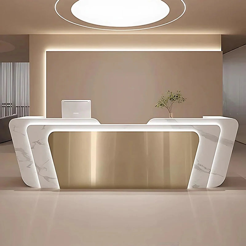 Curved Reception Desk 71-150 in Wide with LED Lighting, Stainless Steel & Lockable (Stock Items)