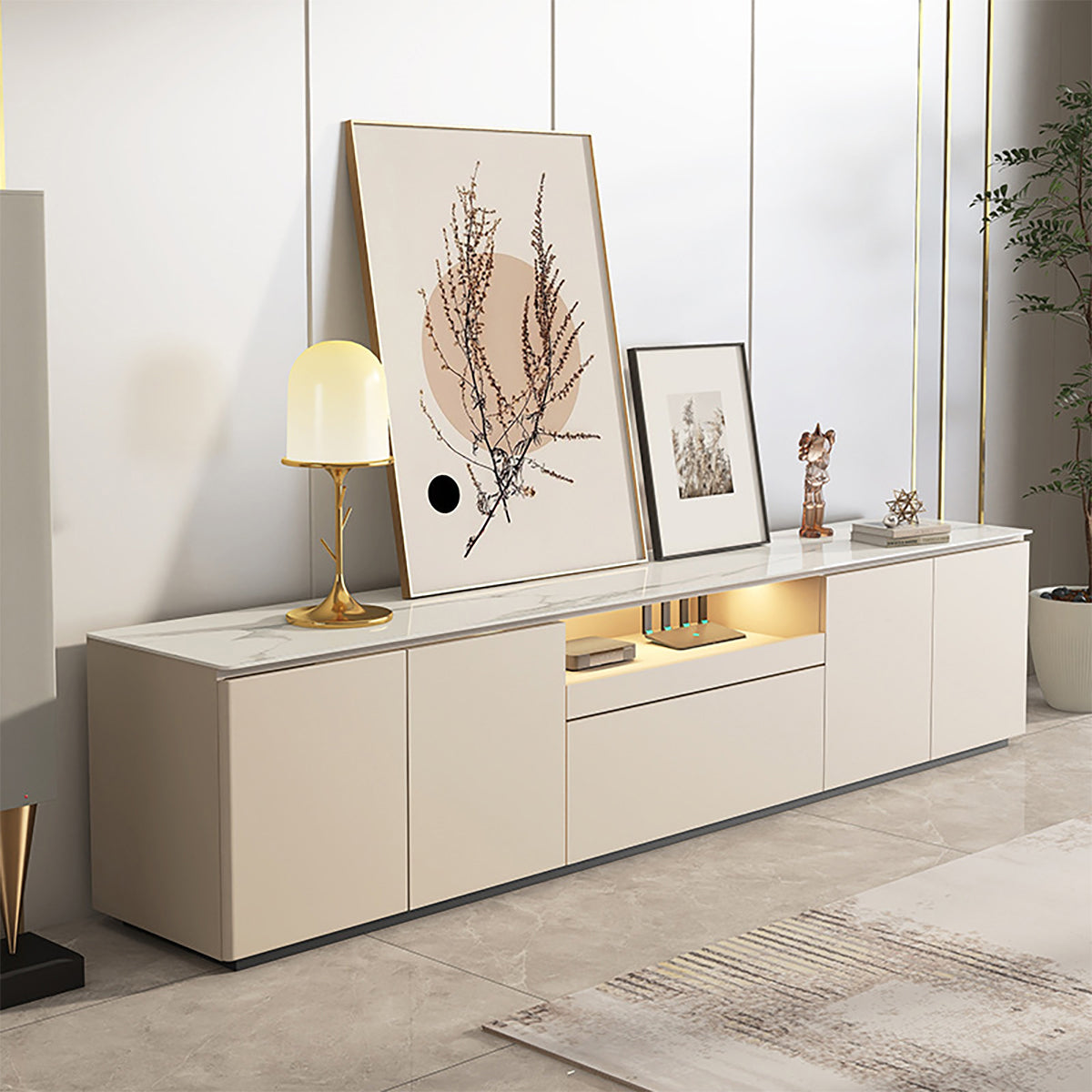 Storage Cabinet with Sintered Stone, Solid Wood & Cream for Home Office
