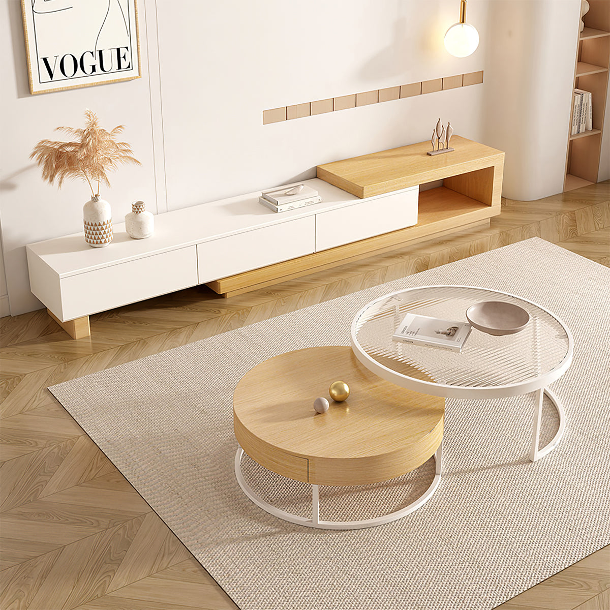Modern TV Stand with Extendable, Glass Top & Cream for Living Room
