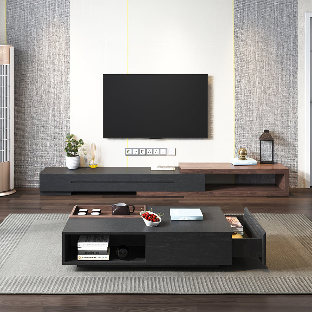 Modern TV Stand with Extendable, Storage Drawers & Walnut for Living Room