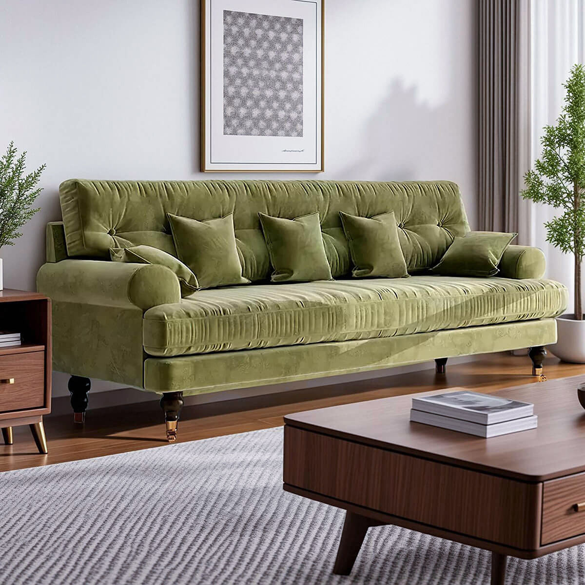 Velvet Sofa 35–94 in Wide with Vintage, Armrests & Solid Wood for Living Room