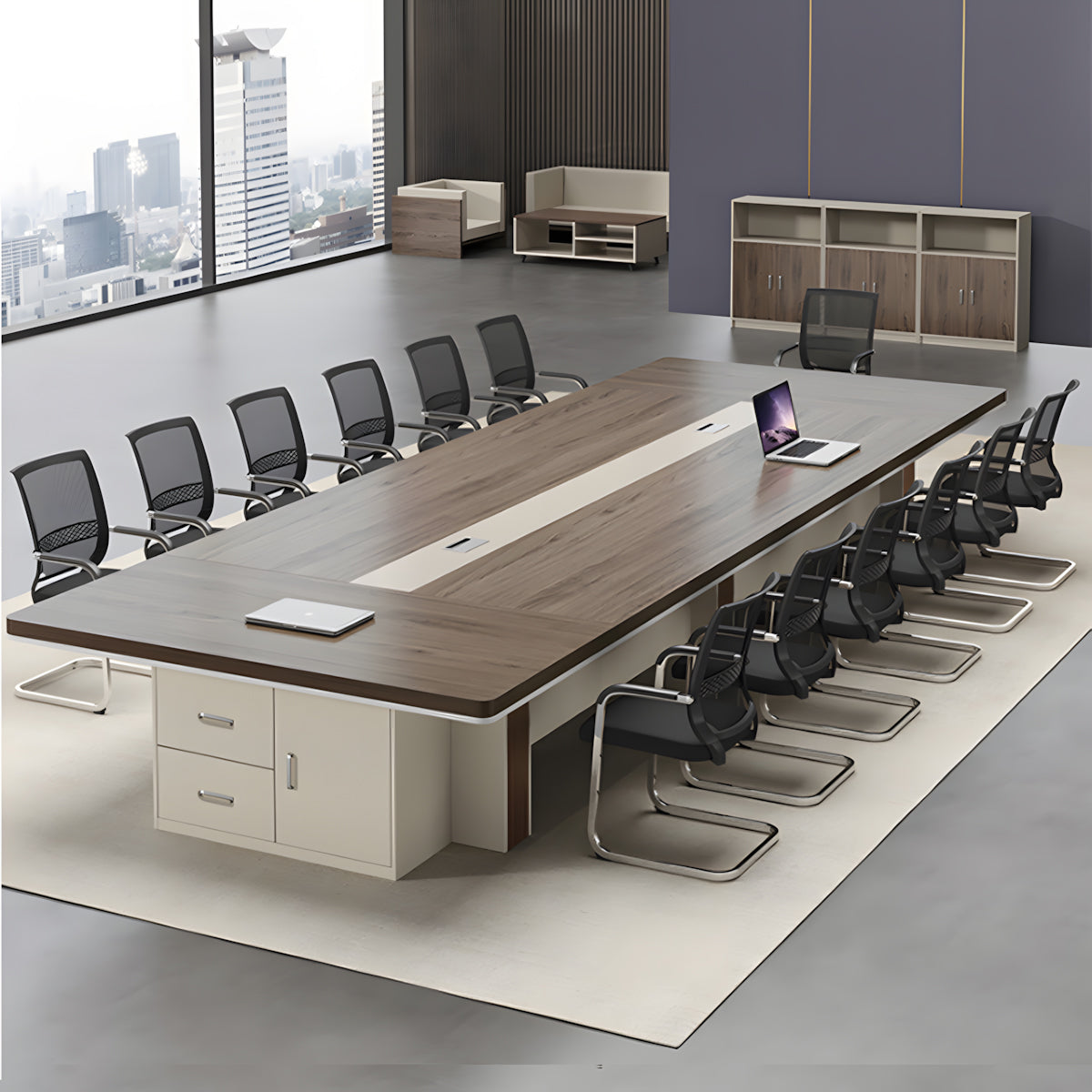 Modern Rectangular Conference Table with Side Storage Cabinet for Meeting Room