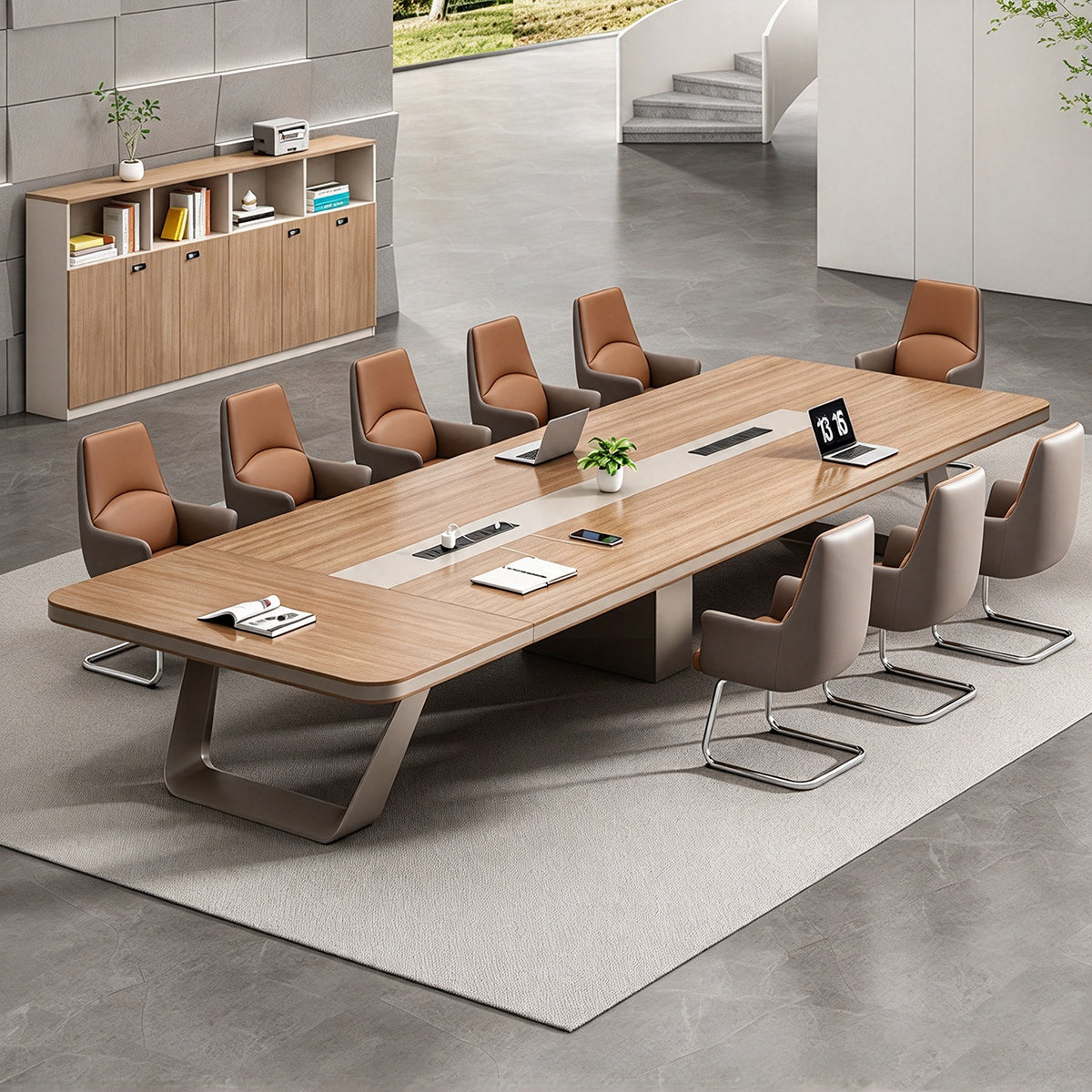 Modern Conference Table with Movable Power Track, 2" Thick Desktop & Spacious Design for Meeting Spaces