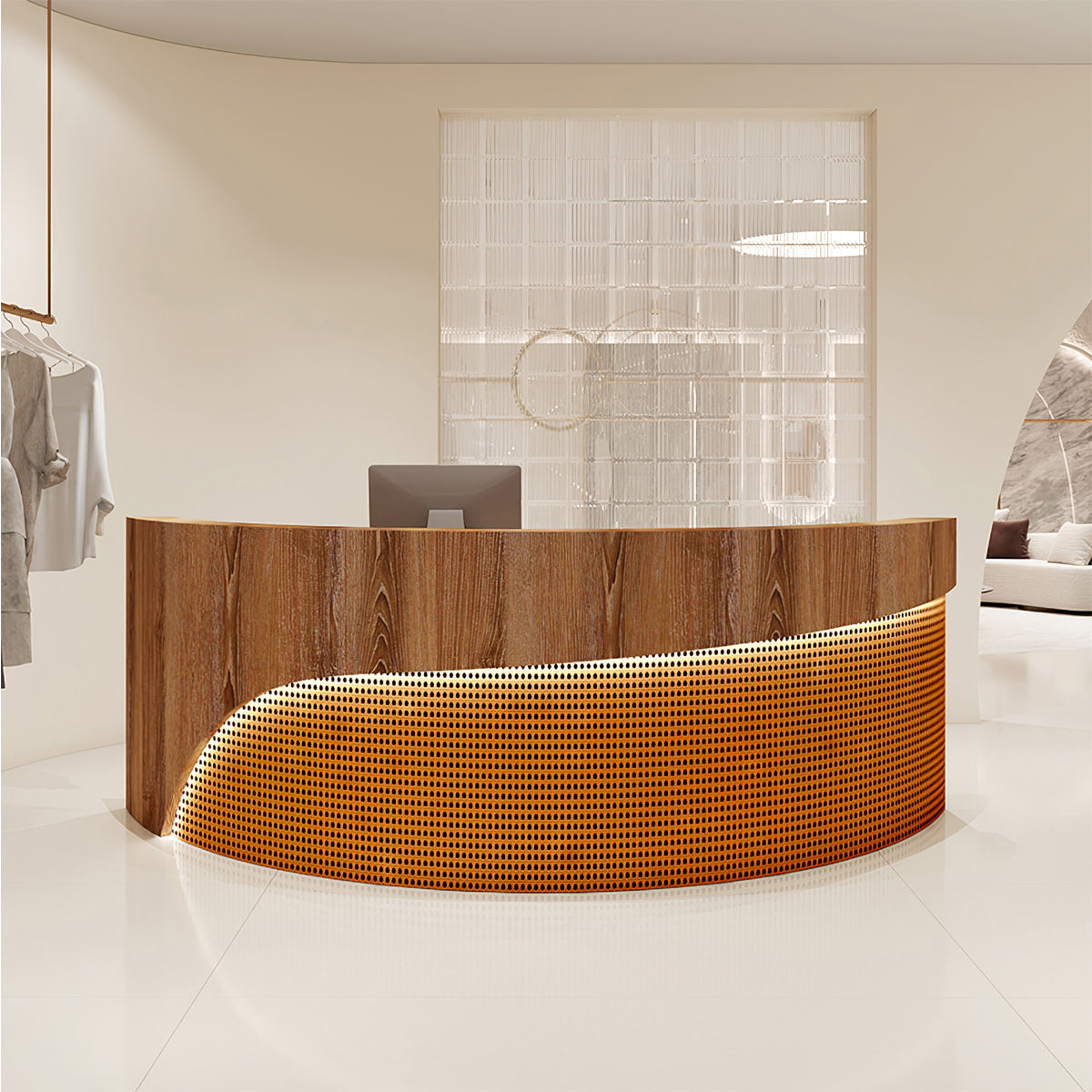 Vintage Curved Reception Desk with Storage Drawers and Cabinets