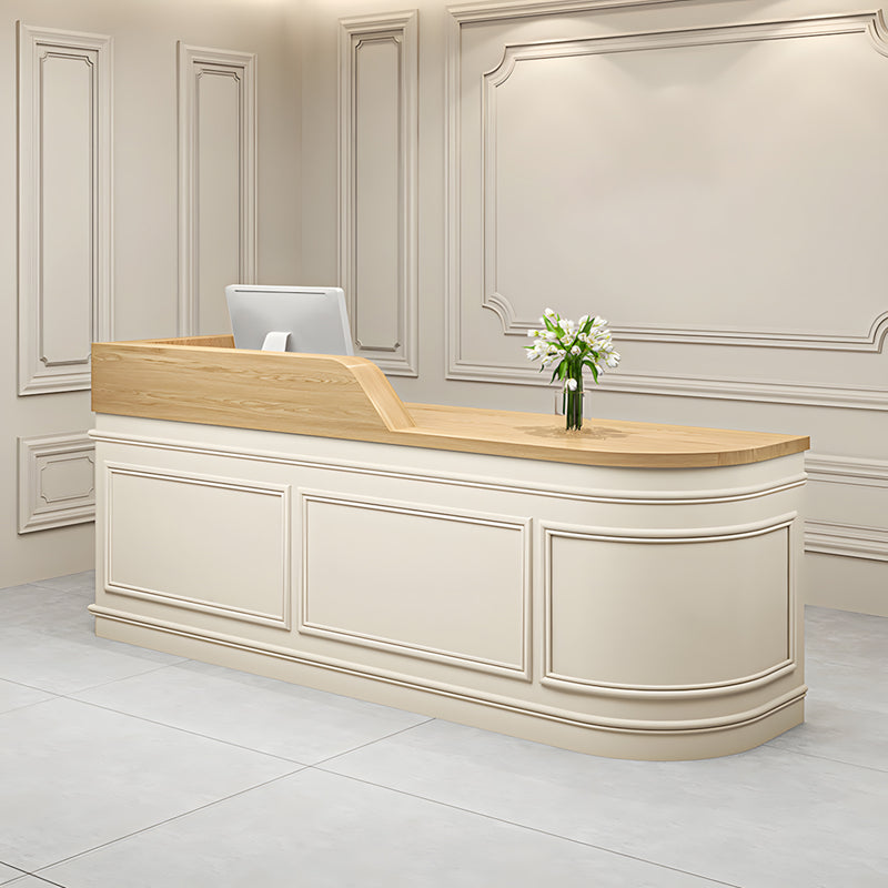Curved retail reception desk front view with raised transaction counter