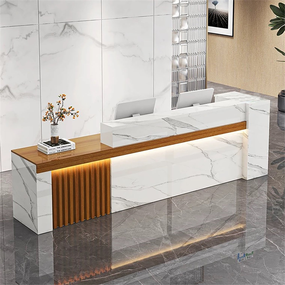 Minimalist Reception Desk with Side Storage Shelves for Office or Salon
