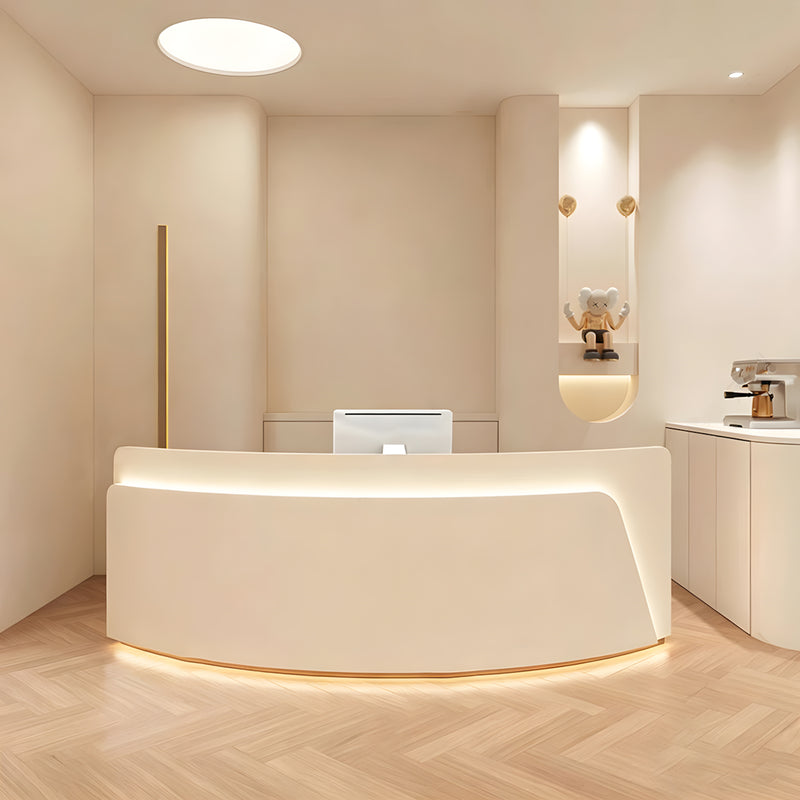 Curved salon reception desk lifestyle scene