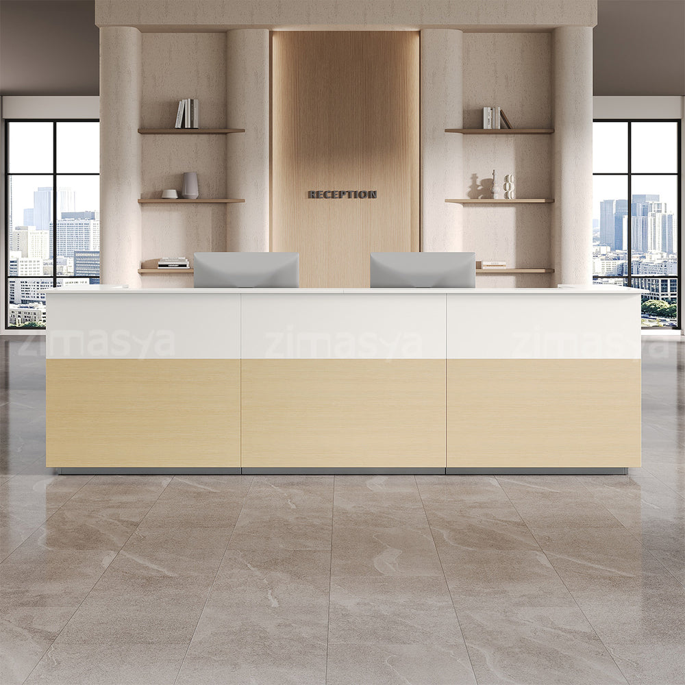 Reception Desk with Raised Transaction Counter, Built-In Power & Storage Cabinet