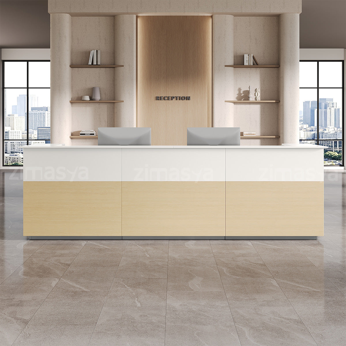 Reception Desk with Raised Transaction Counter, Built-In Power & Storage Cabinet