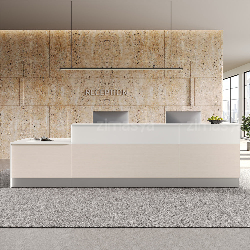 Modern Commercial 154" L Reception Desk with Multifunctional Cable Box, Dual-layer Counter & Reinforced Support Panel for Office, Hotel & Business Spaces