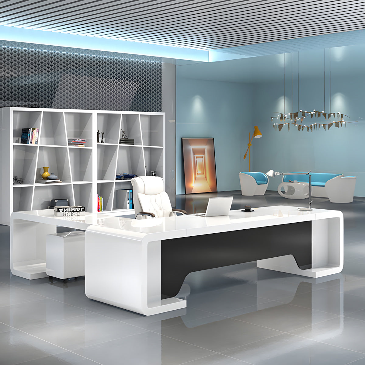 Minimalist White L-Shaped Executive Desk with Storage Drawers for Manager Office