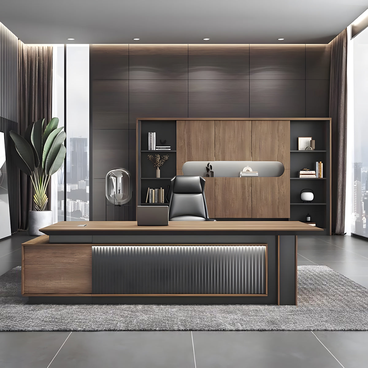 Industrial Wood Grain L-Shaped  Executive Desk with Cable Management Box for Office