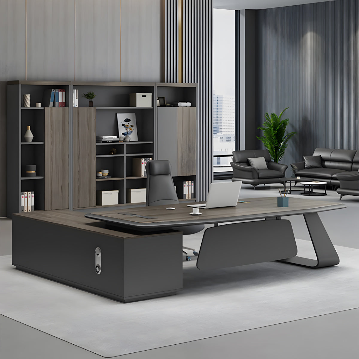 Modern L-Shaped Executive Desk with Storage Side Cabinet for Office Workspace