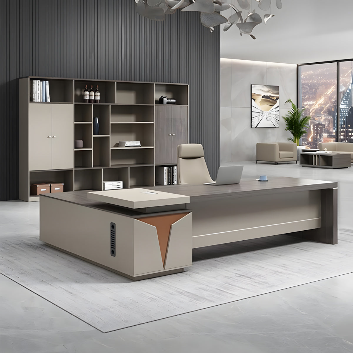 Modern L-Shaped Executive Desk with Storage Side Cabinet & Cable Management Box for Offices