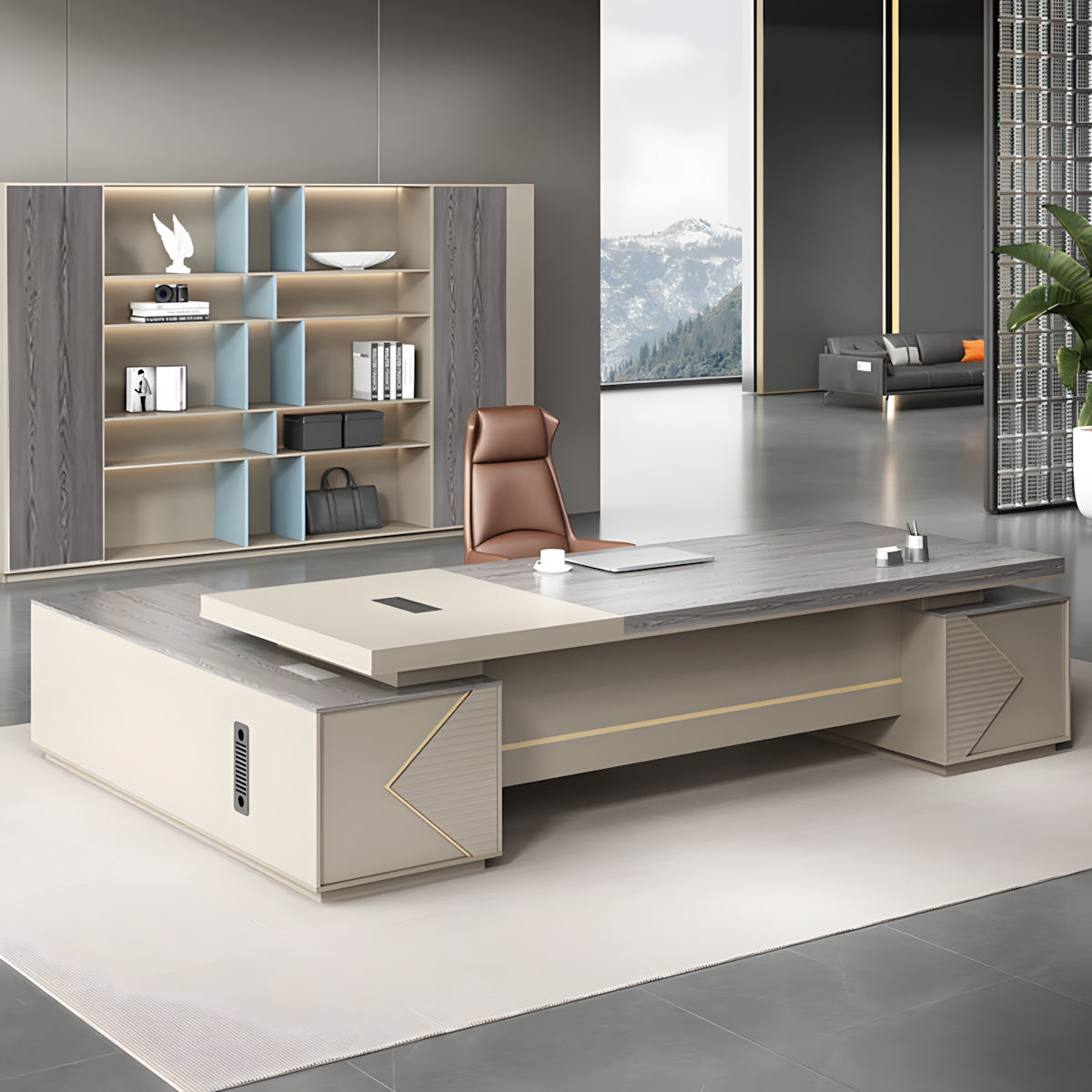 Modern L-Shaped Executive Desk with Drawers and Power Outlets For Office