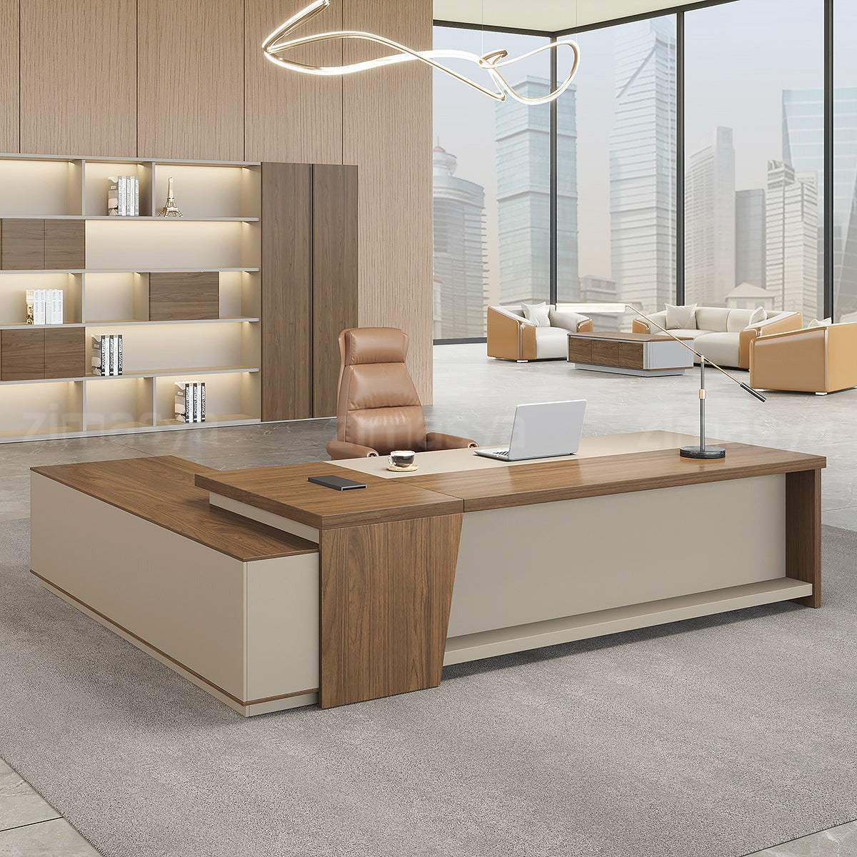 Modern L-Shaped Executive Desk with Lockable Drawers and Side Storage