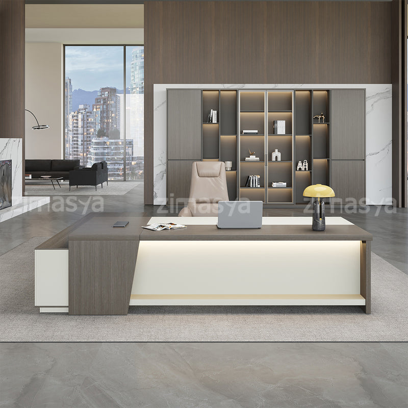 Luxury Modern L-Shaped Executive Desk with Spacious Desktop and LED Lighting