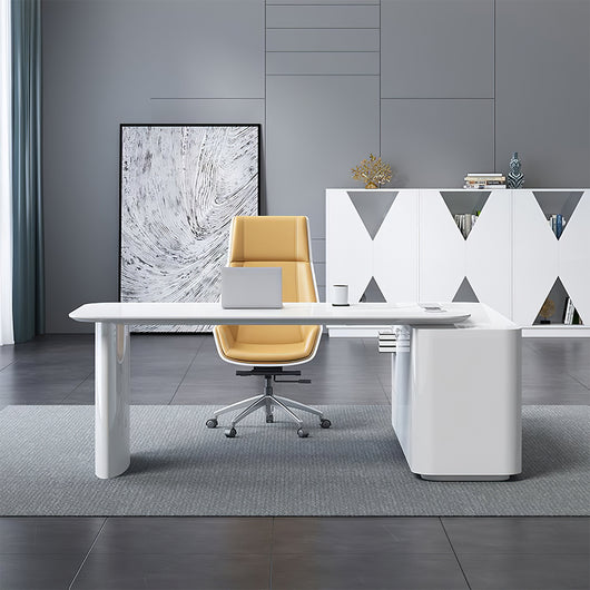 Stylish White L-Shaped Executive Desk with Cable Management Box Zimasya