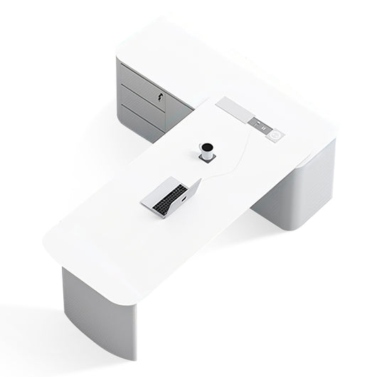 Stylish White L-Shaped Executive Desk with Cable Management Box Zimasya