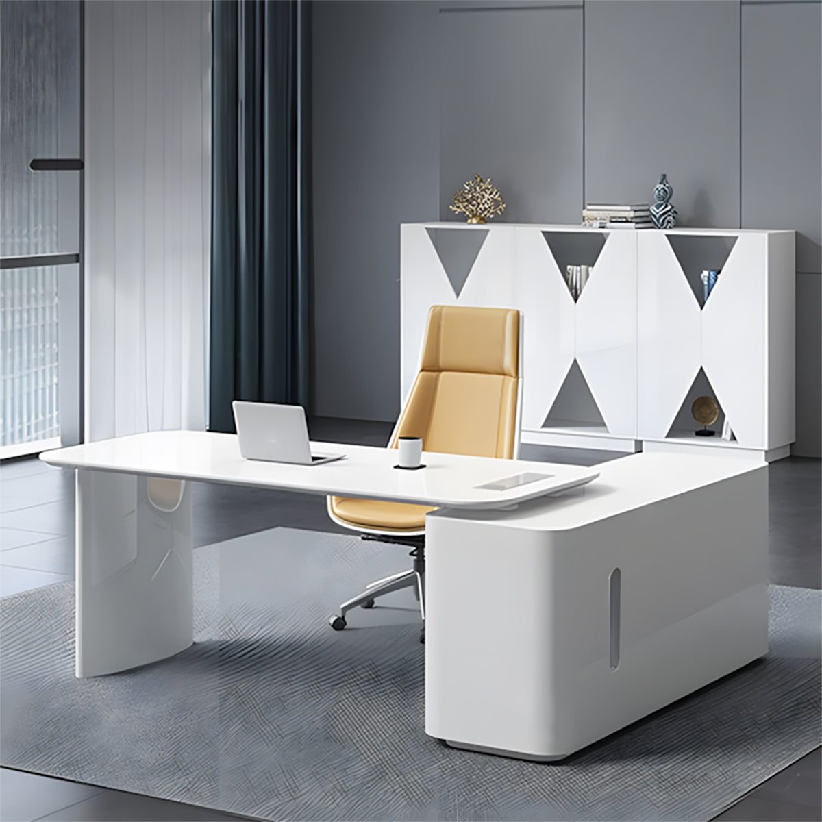 Stylish White L-Shaped Executive Desk with Cable Management Box