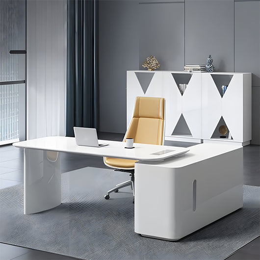 Stylish White L-Shaped Executive Desk with Cable Management Box Zimasya