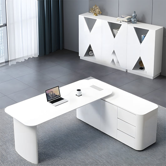 Stylish White L-Shaped Executive Desk with Cable Management Box Zimasya