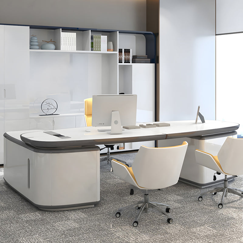 Luxury L-Shaped White Executive Desk with Oval Desktop Design