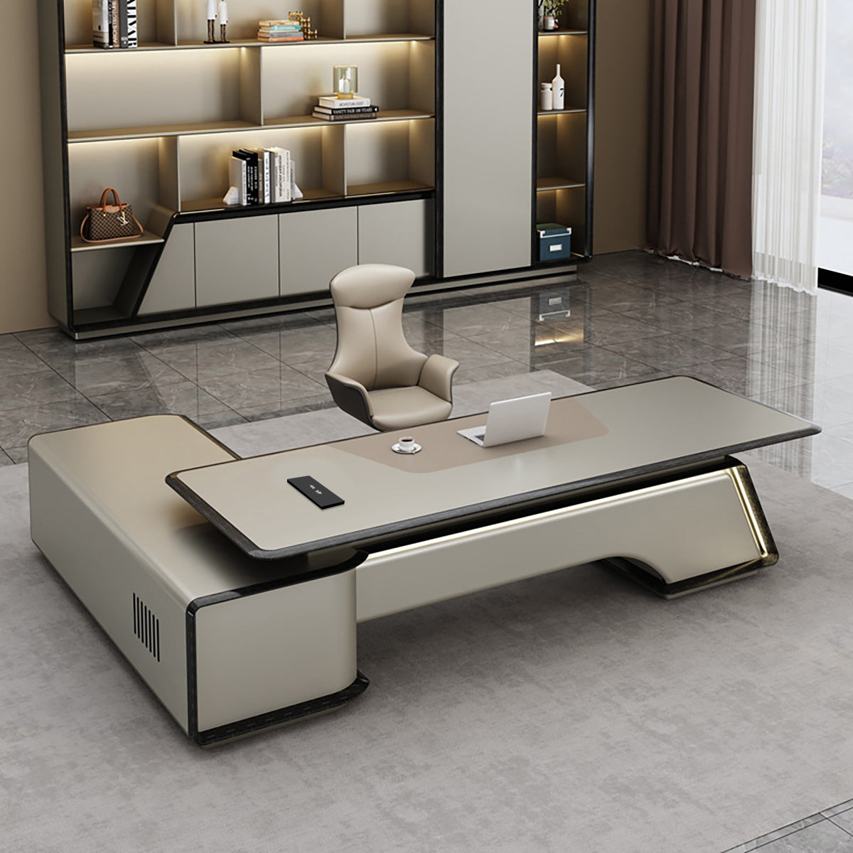 Modern L-Shaped Office Executive Desk with Storage Cabinet for High-End Workspaces
