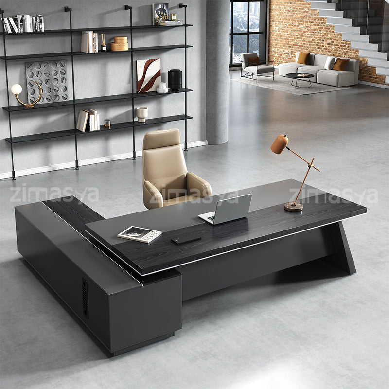 L-Shaped executive desk lifestyle scene with lockable drawers and lockable drawer