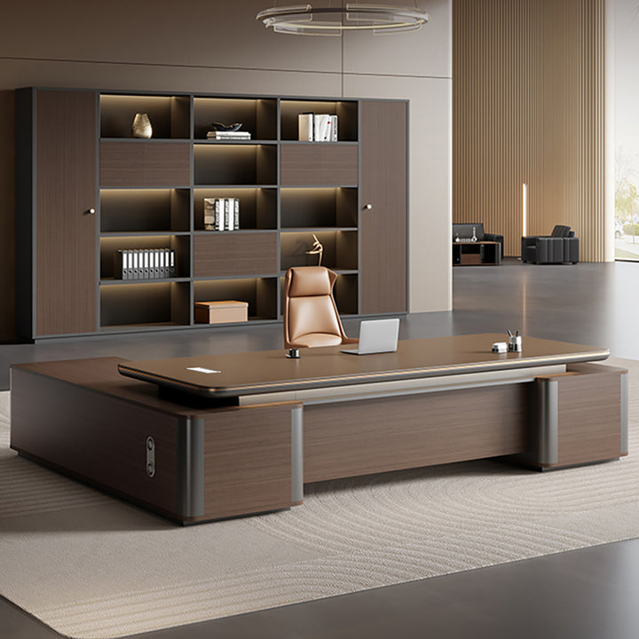 Modern Brown Executive Desk with Side Storage Cabinet for Office Zimasya