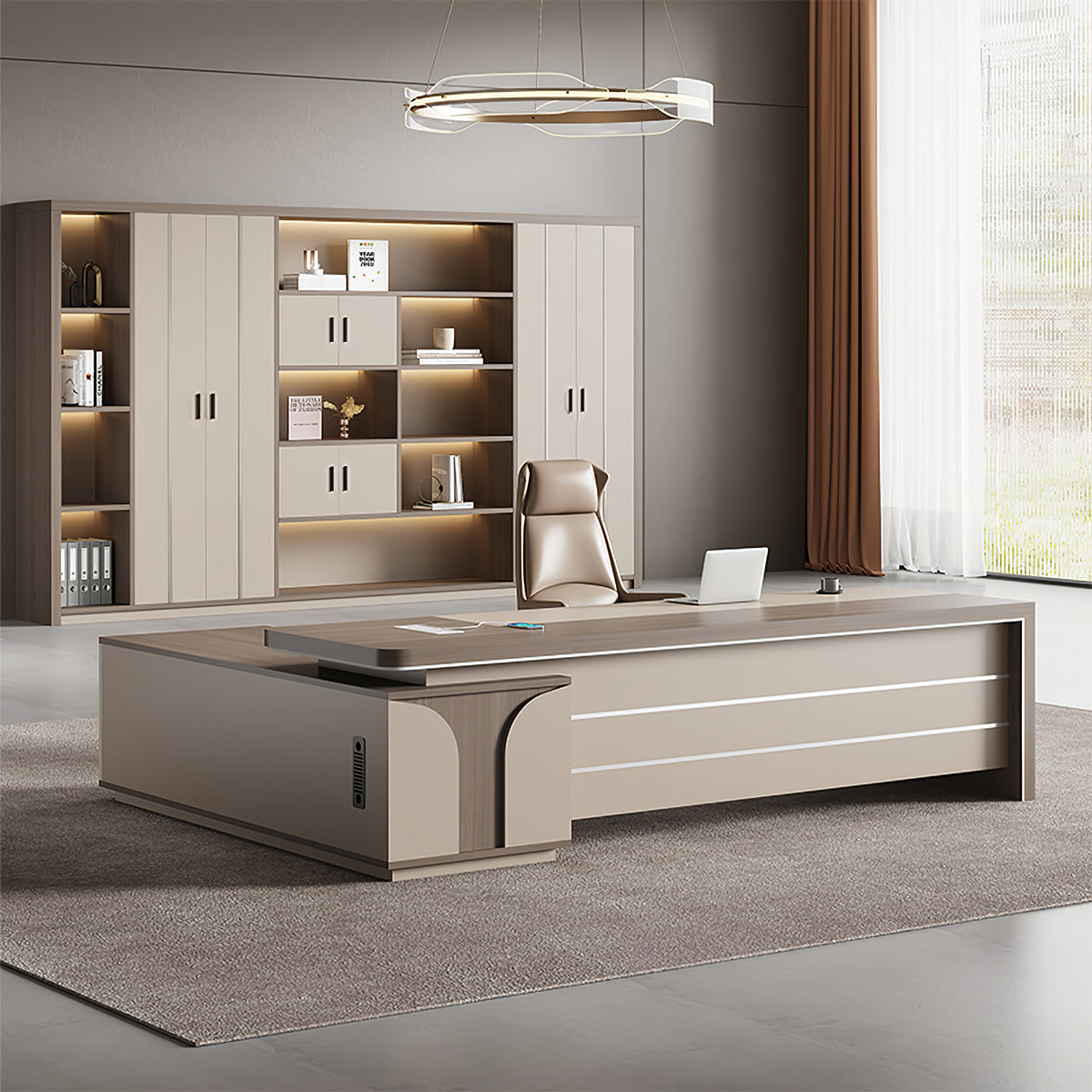Modern Khaki Office Executive Desk with Drawers for Managers