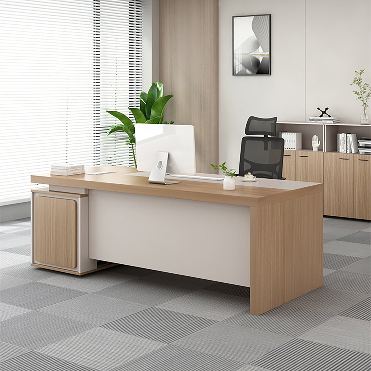 Minimalist Office Executive Desk with Drawers and Cable Management