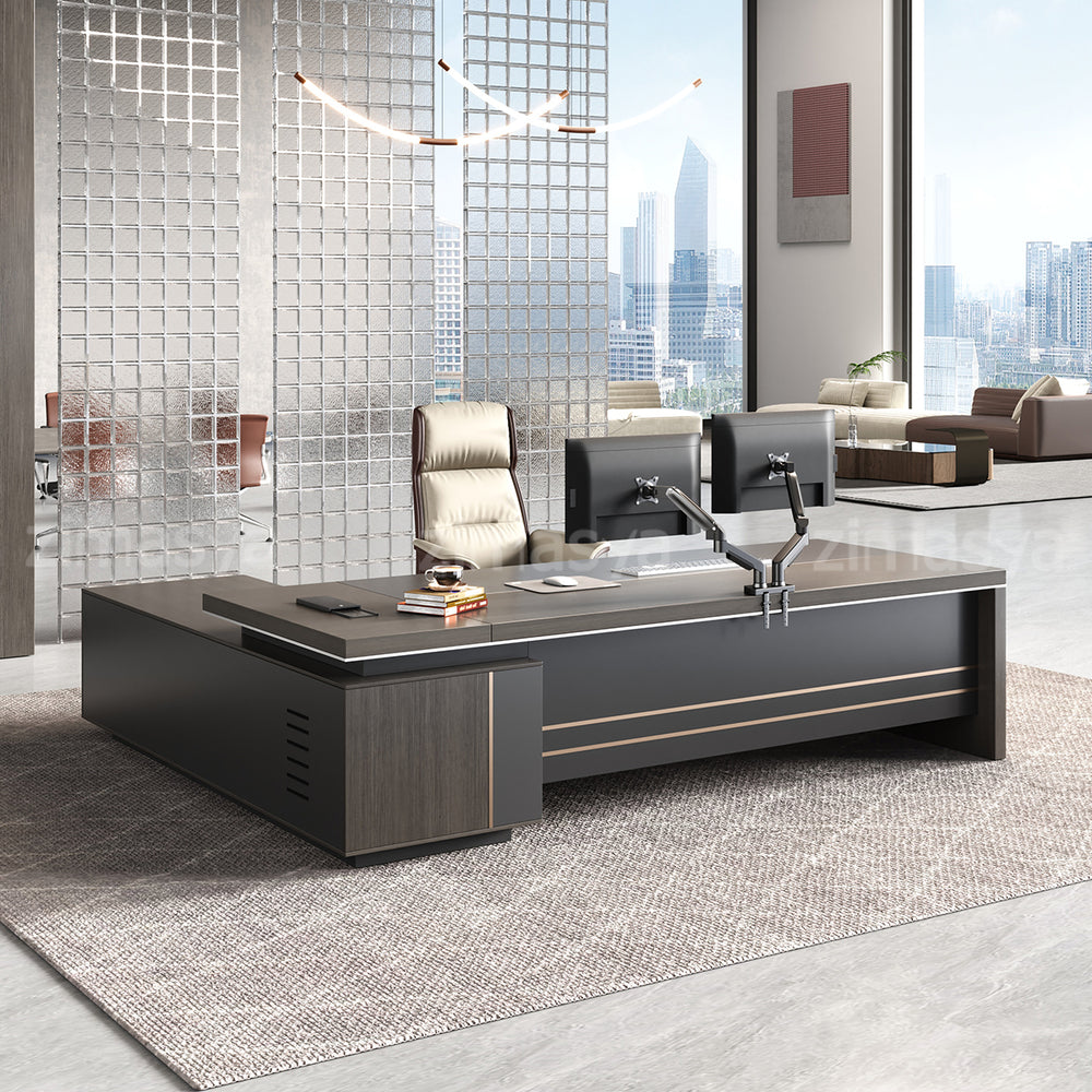 L-Shaped executive desk front view with integrated cable management