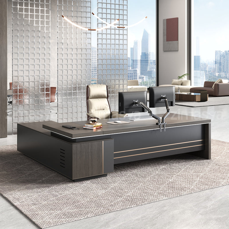 L-Shaped executive desk front view with integrated cable management