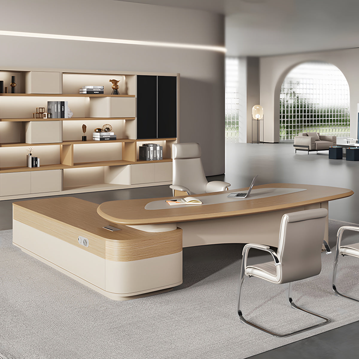 Luxury L-Shaped Executive Desk in Wood Grain Finish with Drawers for Office