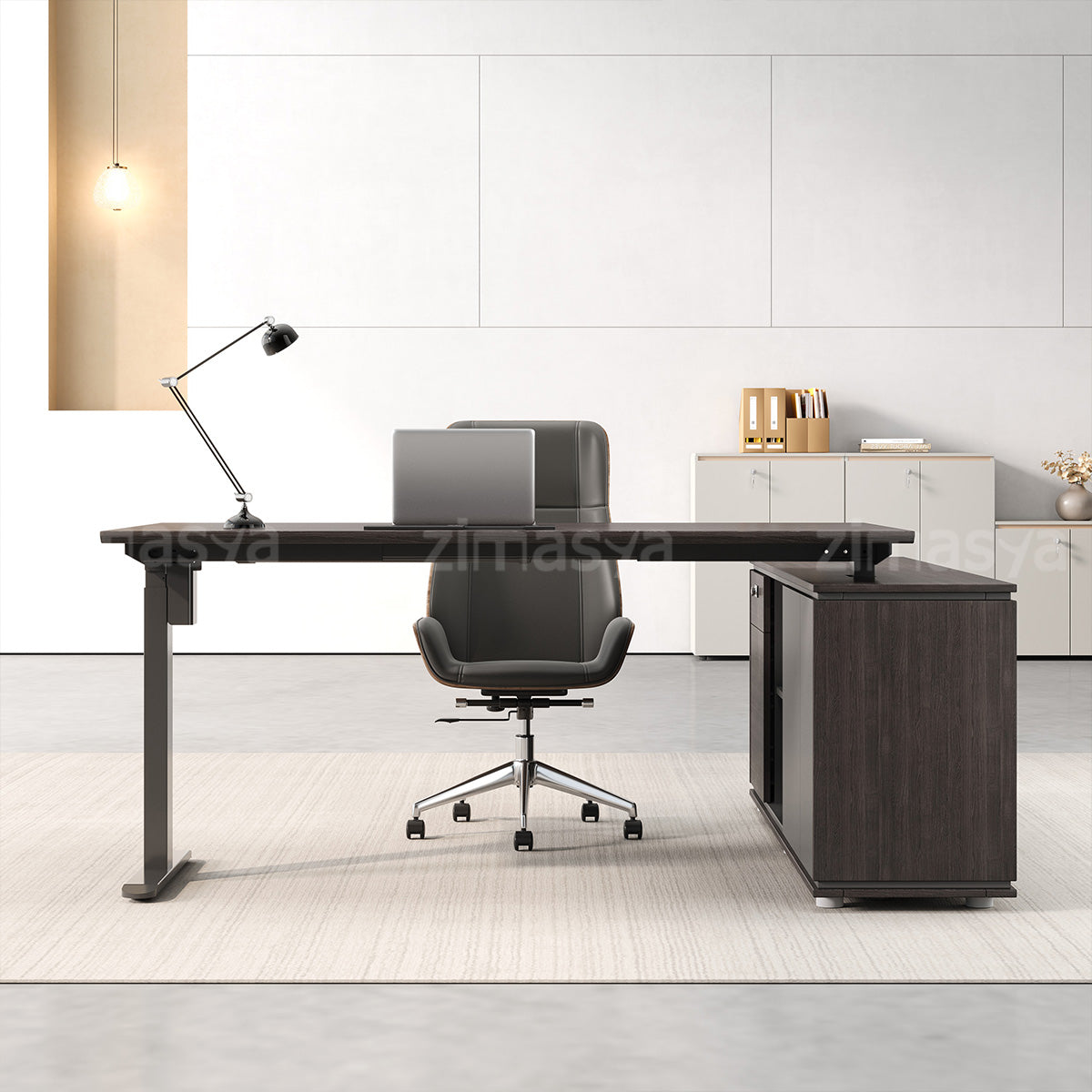 Electric Height-Adjustable Executive Desk with Power Outlet and Side Storage Cabinet