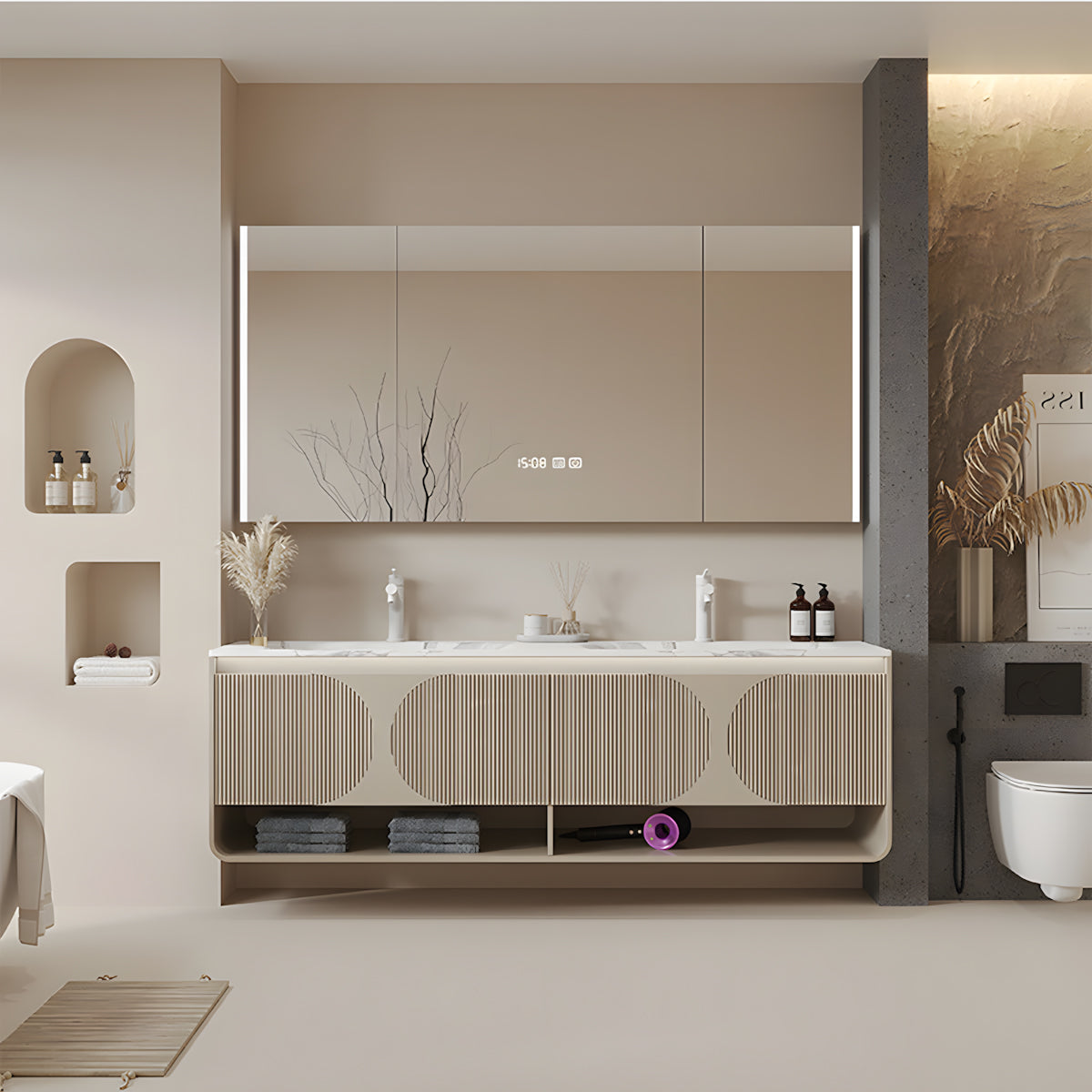 Bathroom Vanity 47–63 in Wide with Dual-Sink, Cream & Sintered Stone for Bathroom