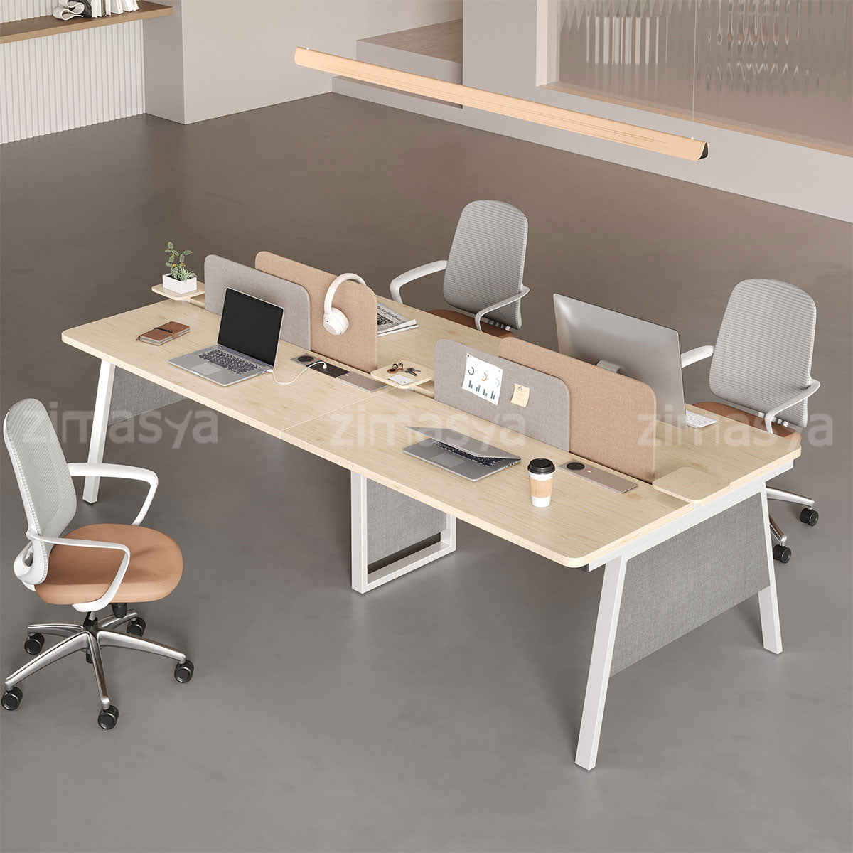 Professional 110" L 4-person Office Workstation Desk with Multifunctional Cable Box, Fabric Privacy Panels & Reinforced Fabric Panel Legs for Collaborative Workspaces