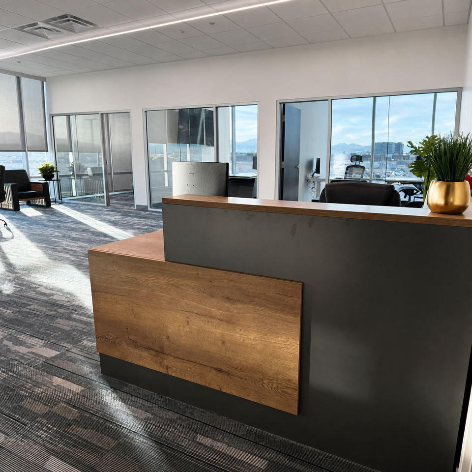 Modern L-Shaped Reception Desk with Side Cabinet and Drawers